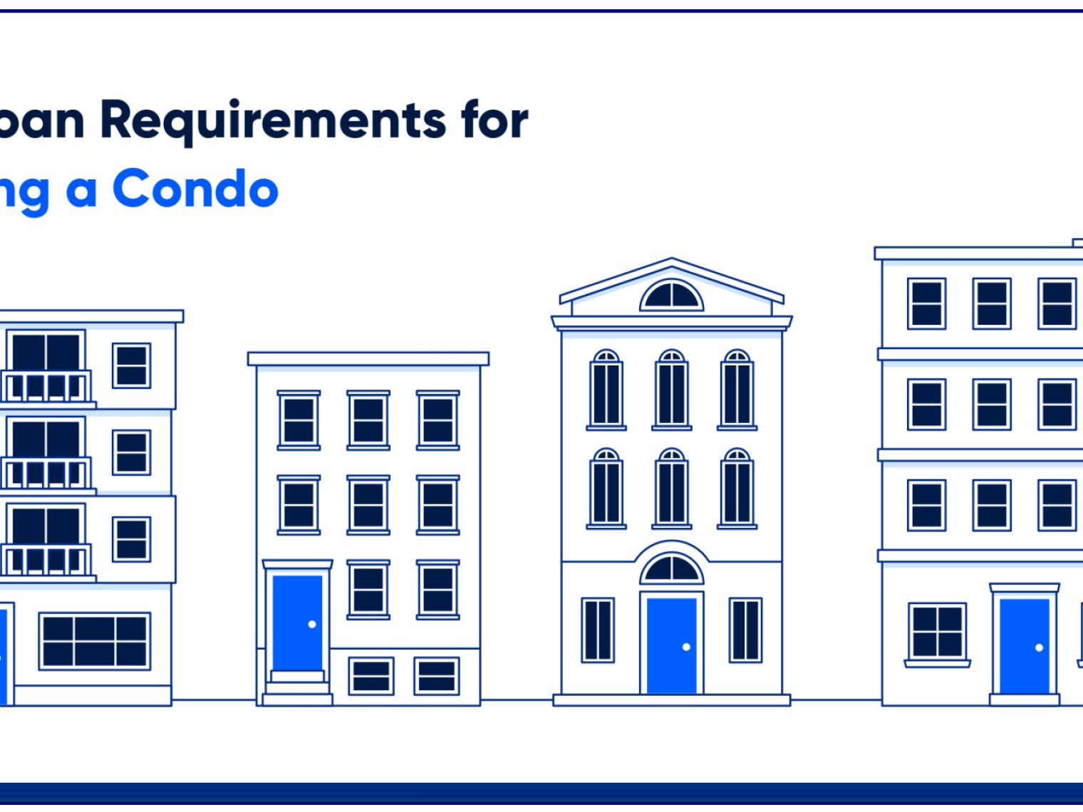 Four illustrated condo buildings with blue doors.