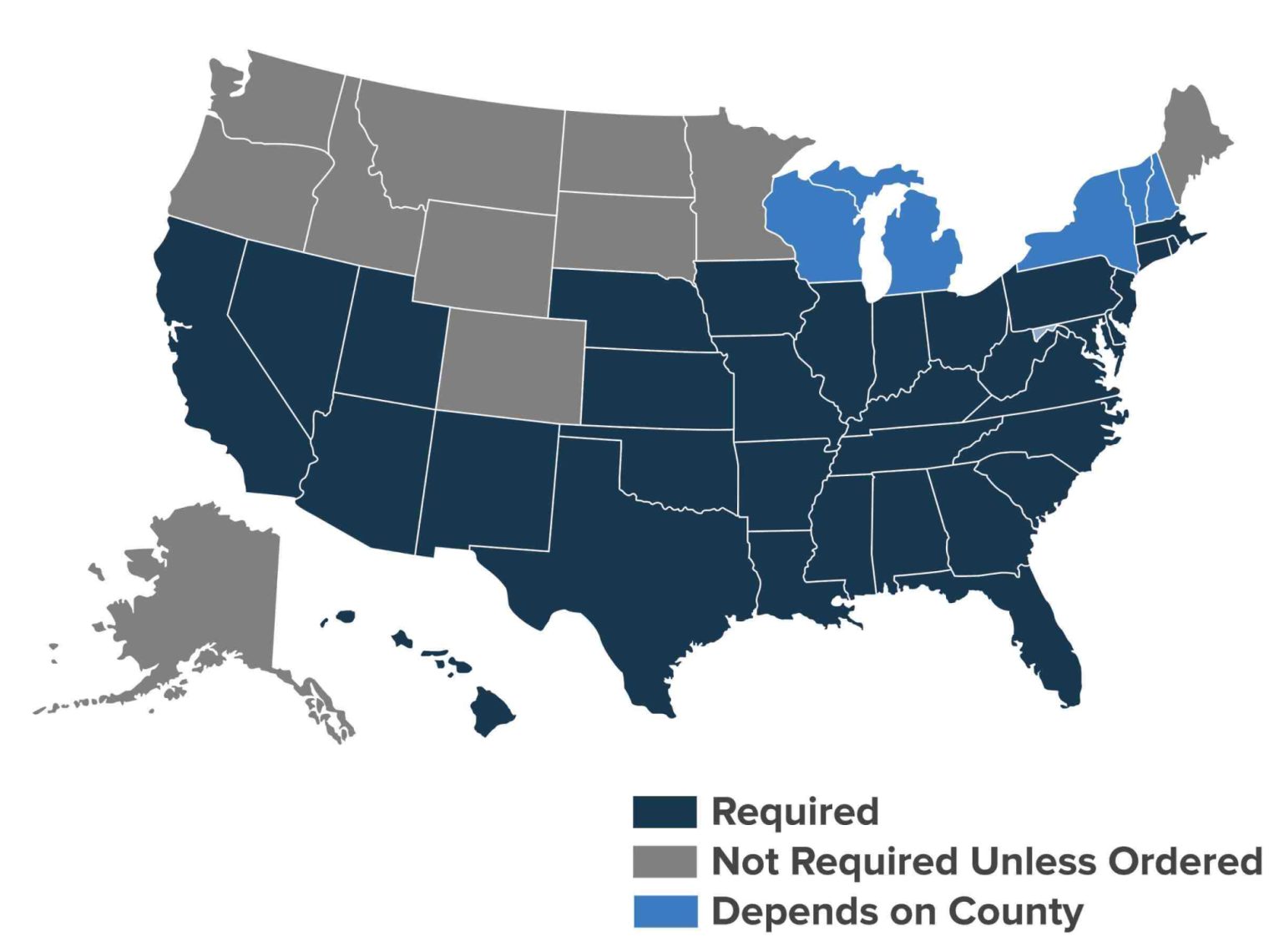 U.S. map showing which states require pest inspections for a VA loan.