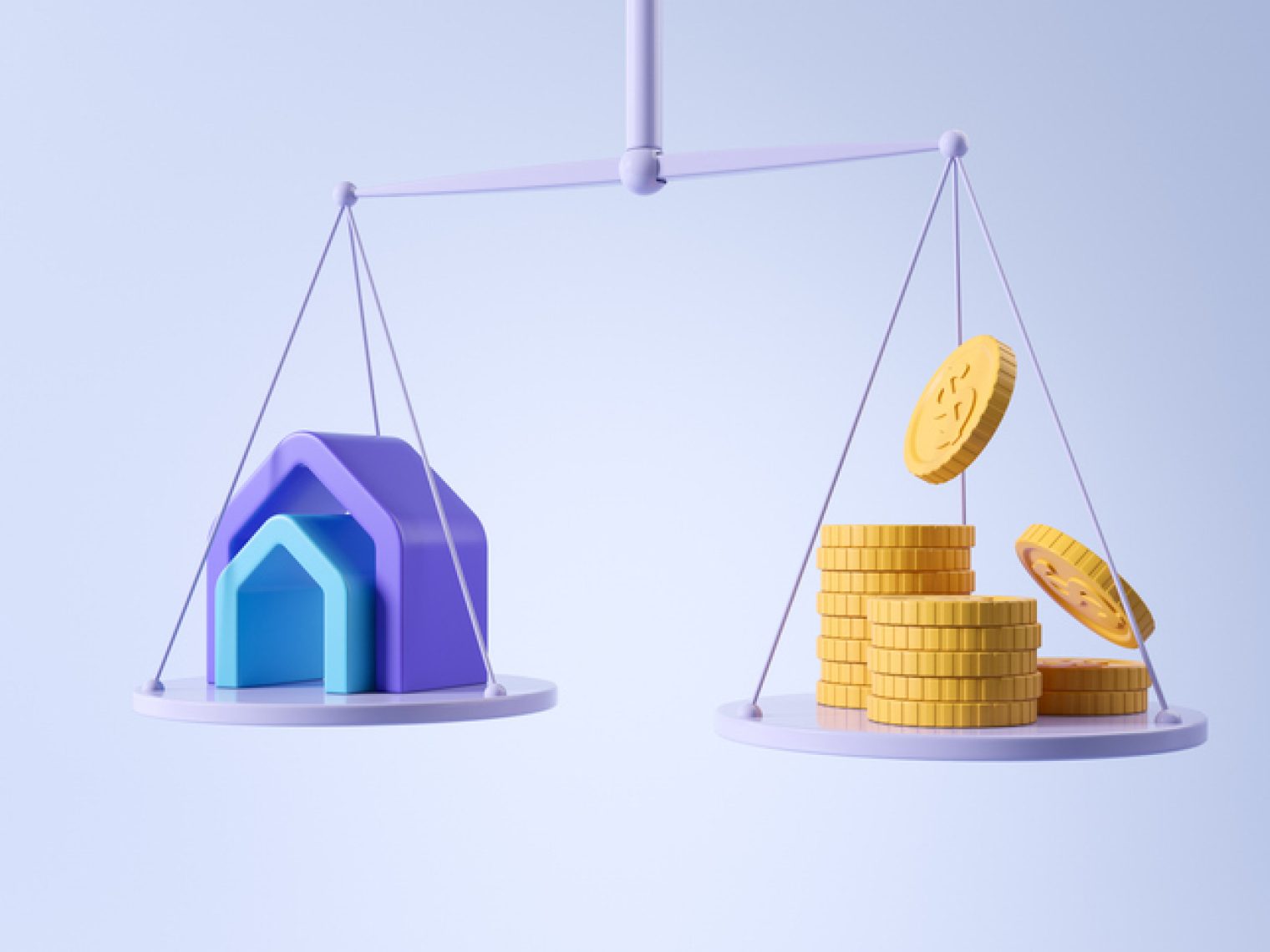 A 3D rendering of a balance scale comparing a stylized house on one side and stacks of coins on the other.